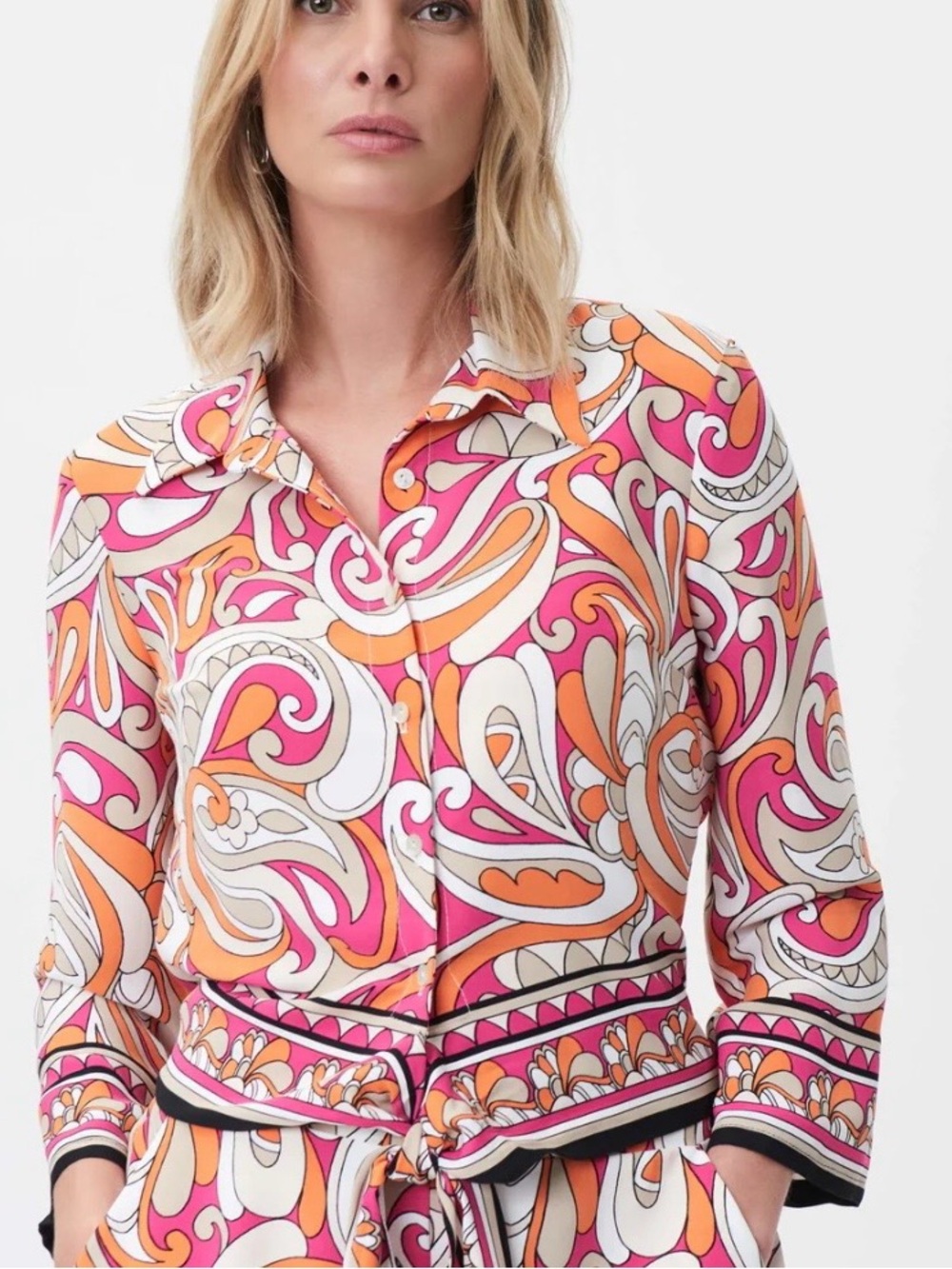 Joseph Ribkoff Swirly Banded Cuff Tie Front Top